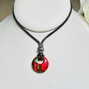 Artisan made Enameled Wooden Pendant Choker Necklace